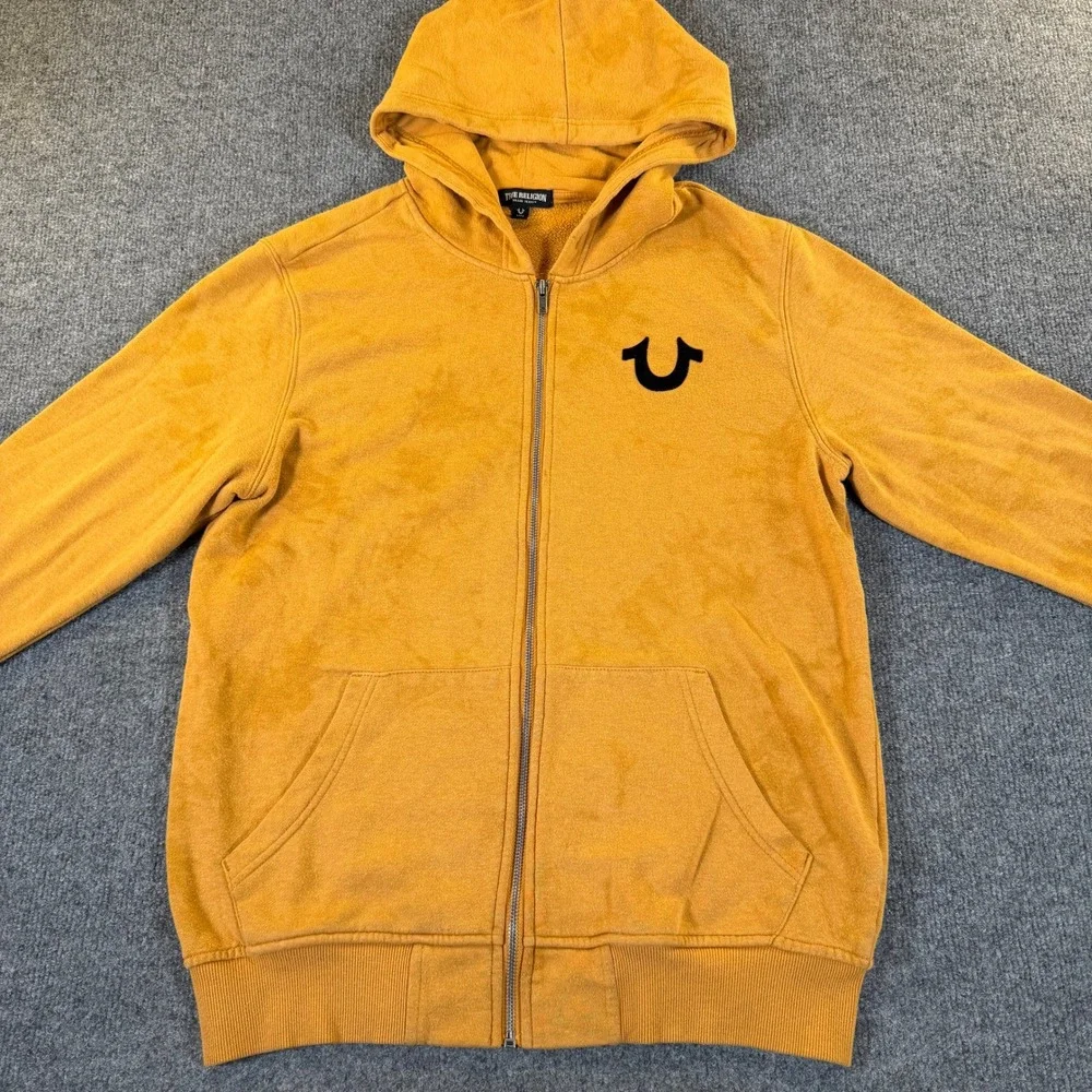True Religion Mens Mustard Yellow Full Zip Horseshoe Graphic Hoodie Medium #3295